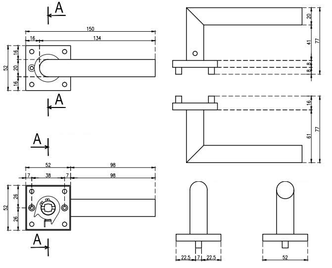 STERK deurkruk Kvadrat 1702 technische maattekening met afmetingen