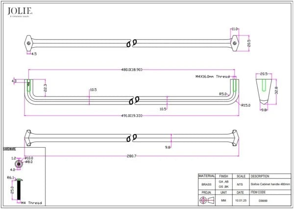 Jolie Six Fois meubelgreep 480 mm mat zwart technische tekening