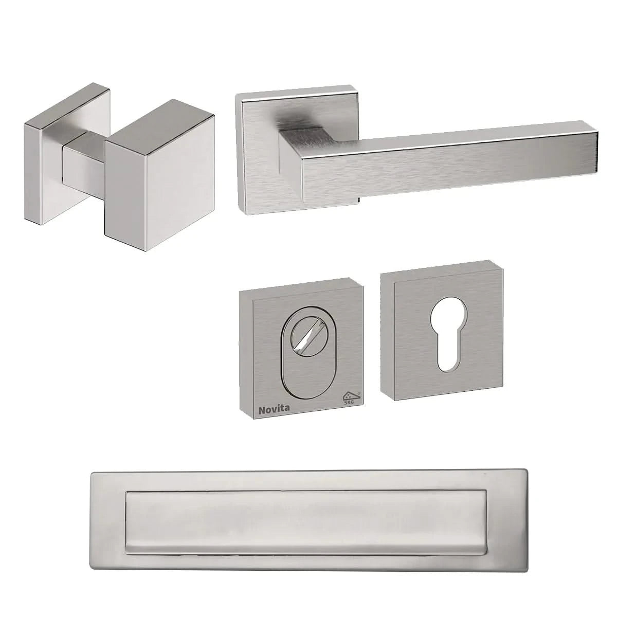 Hardbrass voordeurset Quadro Exc. RVS geborsteld vooraanzicht