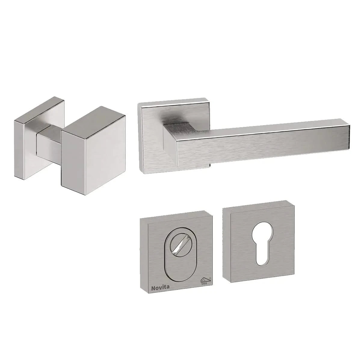 Hardbrass voordeurset Quadro Exc. RVS geborsteld - vooraanzicht