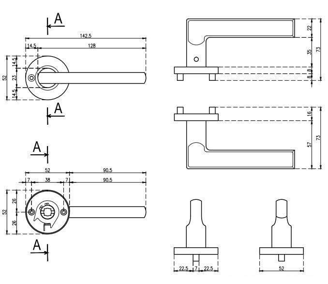 STERK deurkruk Oval 1701 technische maattekening met afmetingen
