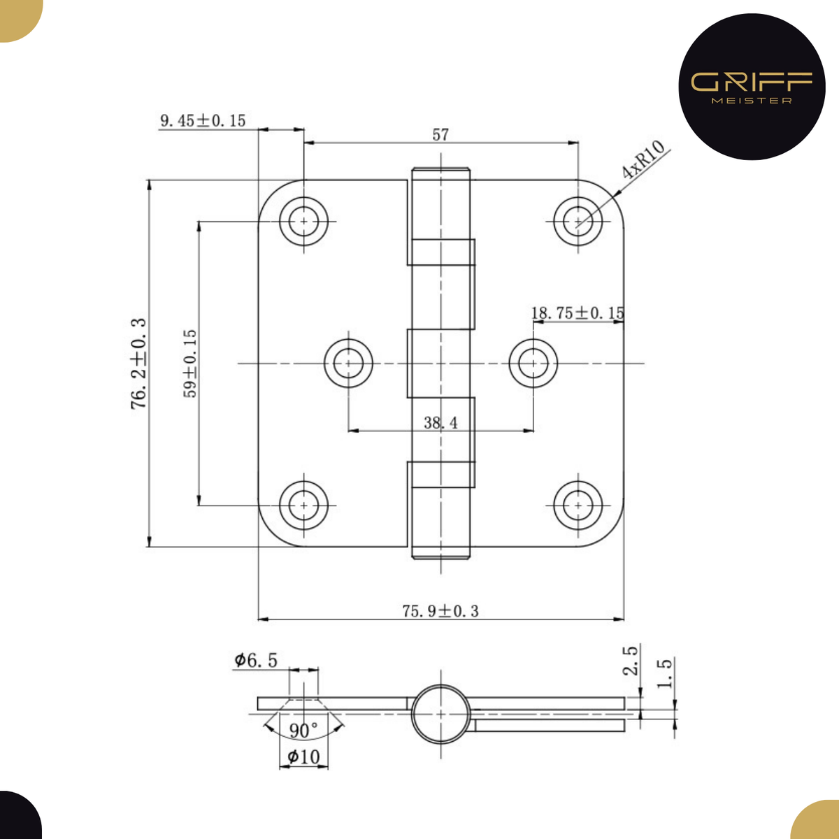 Griff Meister Kogellagerscharnier 76x76 mm Afgeronde hoeken RVS – detail en afmetingen