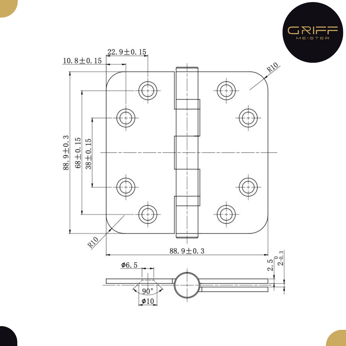 Griff Meister Kogellagerscharnier 89x89 mm Afgeronde hoeken Zwart – detail en afmetingen