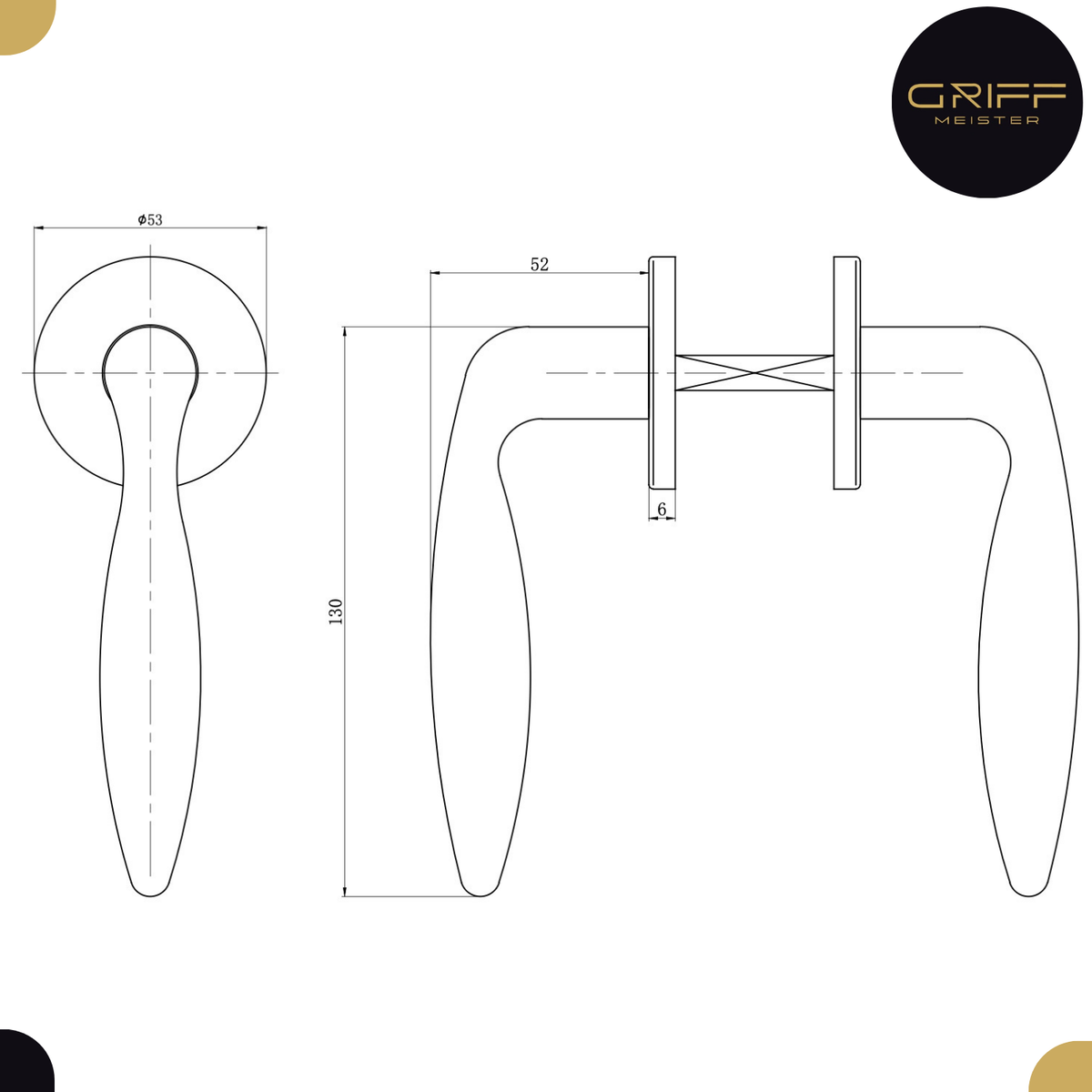 Griff Meister deurkruk Arvo 53mm ronde rozet 6mm dik RVS – detail en afmetingen