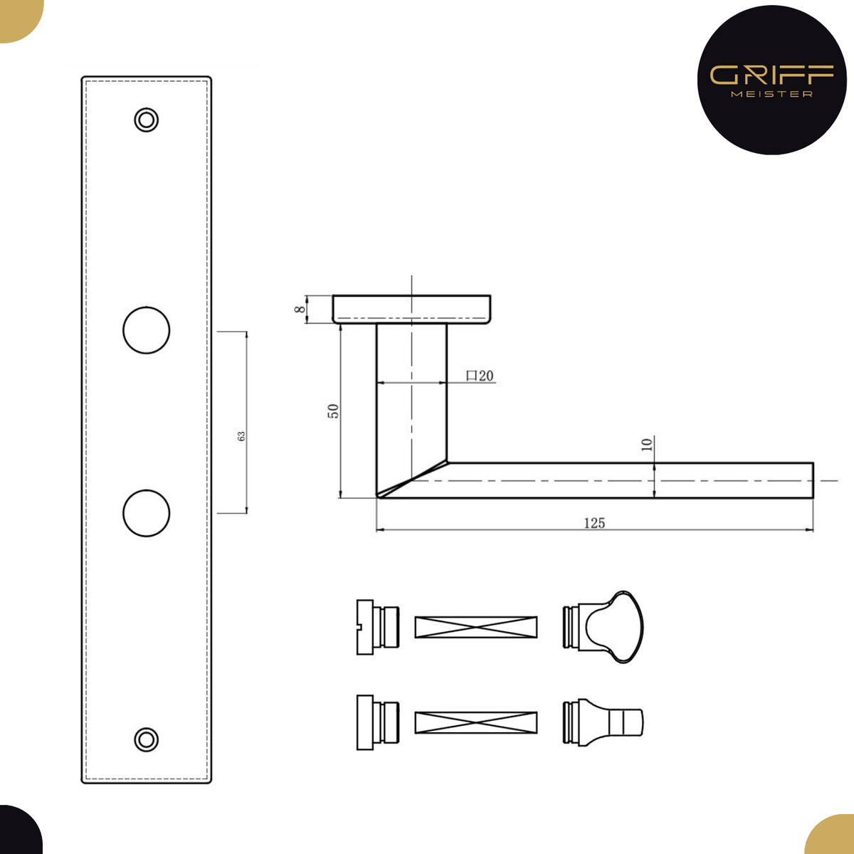 Griff Meister deurkruk Fortis Gunmetal op schild WC63/8 toilet – detail en afmetingen
