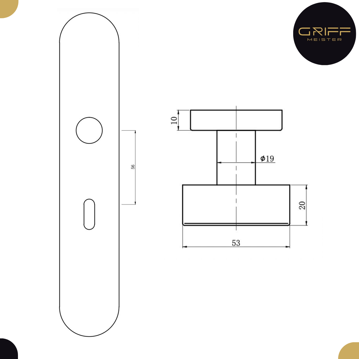 Griff Meister deurknop RVS op ovaal schild Sleutel 56mm – detail en afmetingen