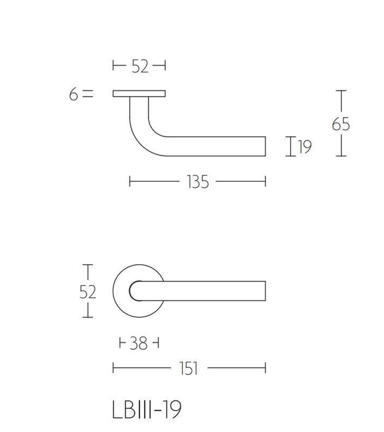 Technische lijntekening van de Formani LB3 deurkruk met maatvoering
