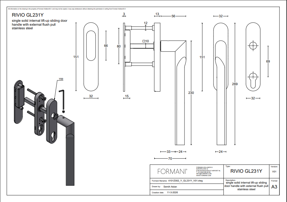 FORMANI GL231 hefschuifdeurbeslag mat RVS detail