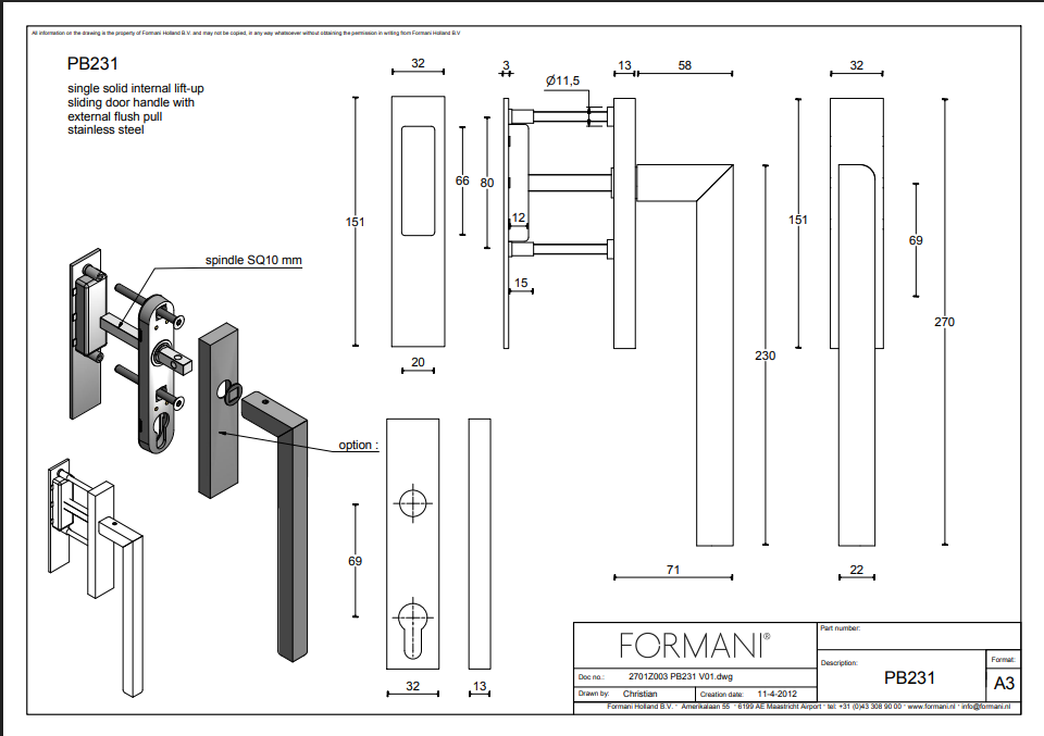 Formani TWO PB231 hefschuifdeurbeslag kruk/kom mat RVS detail