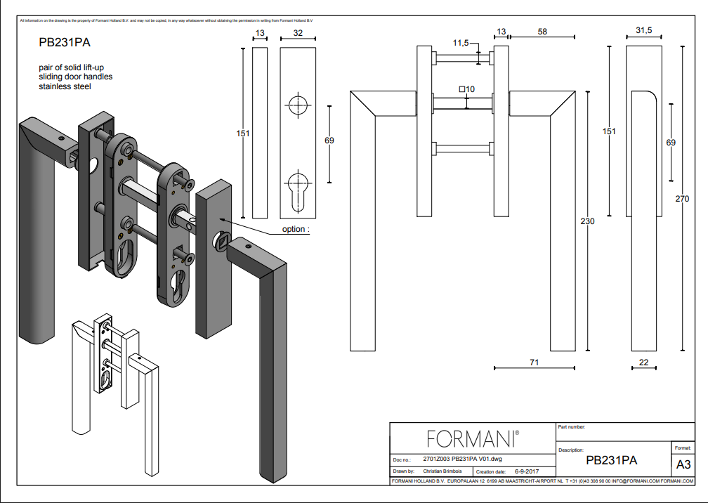 Formani TWO PB231PA hefschuifdeurbeslag kruk/kruk mat RVS detail