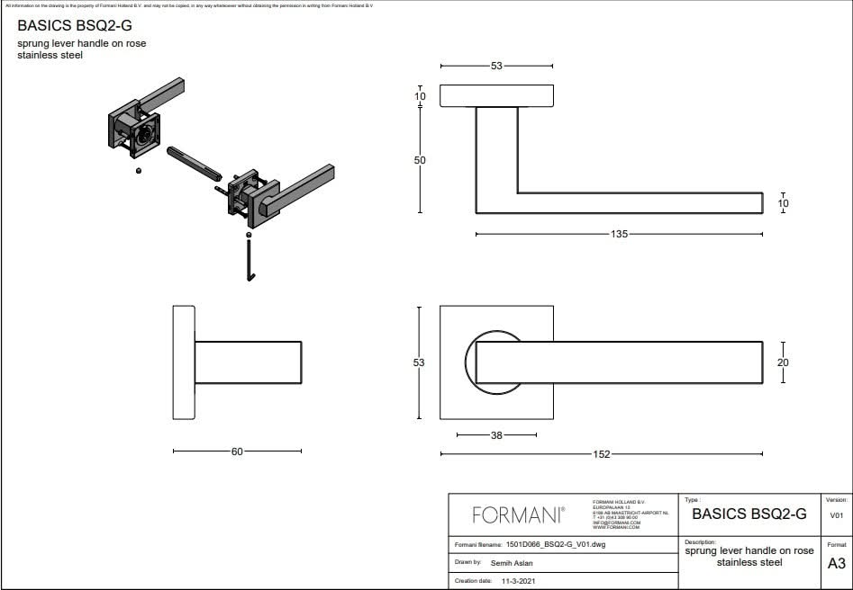 Formani voordeurset knop/kruk BSQ RVS SKG3, detail