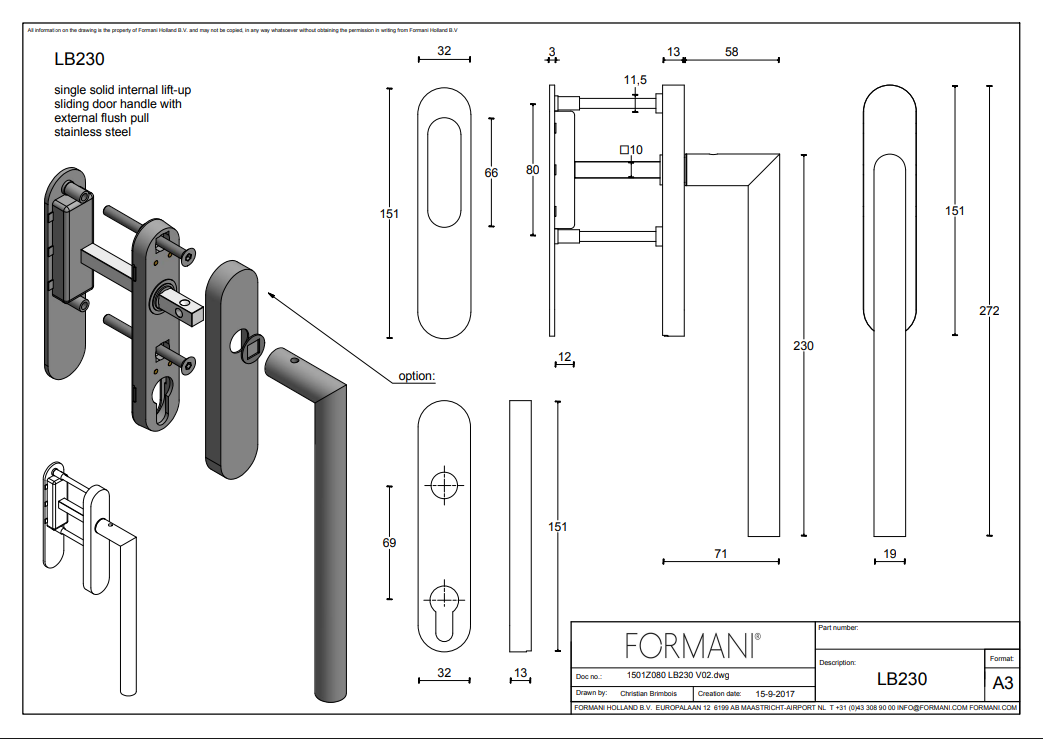 Formani BASICS LB230 hefschuifdeurbeslag gepolijst RVS maattekening