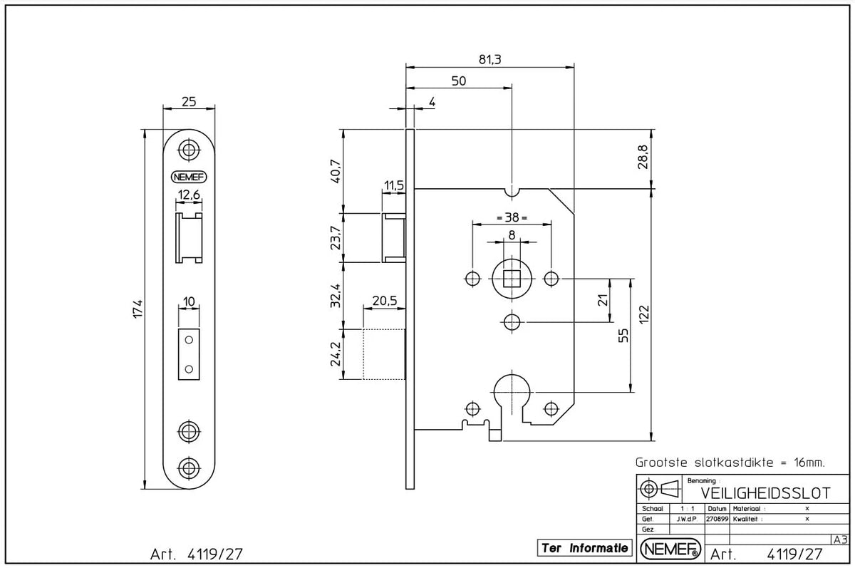Nemef veiligheidsslot 4119/27 PC55 technische tekening Nemef deurslot 4119/27