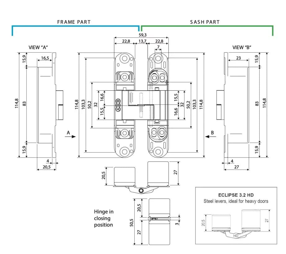 HDD Pro onzichtbaar scharnier Eclipse 3.2 AGB wit – werktekening met maten