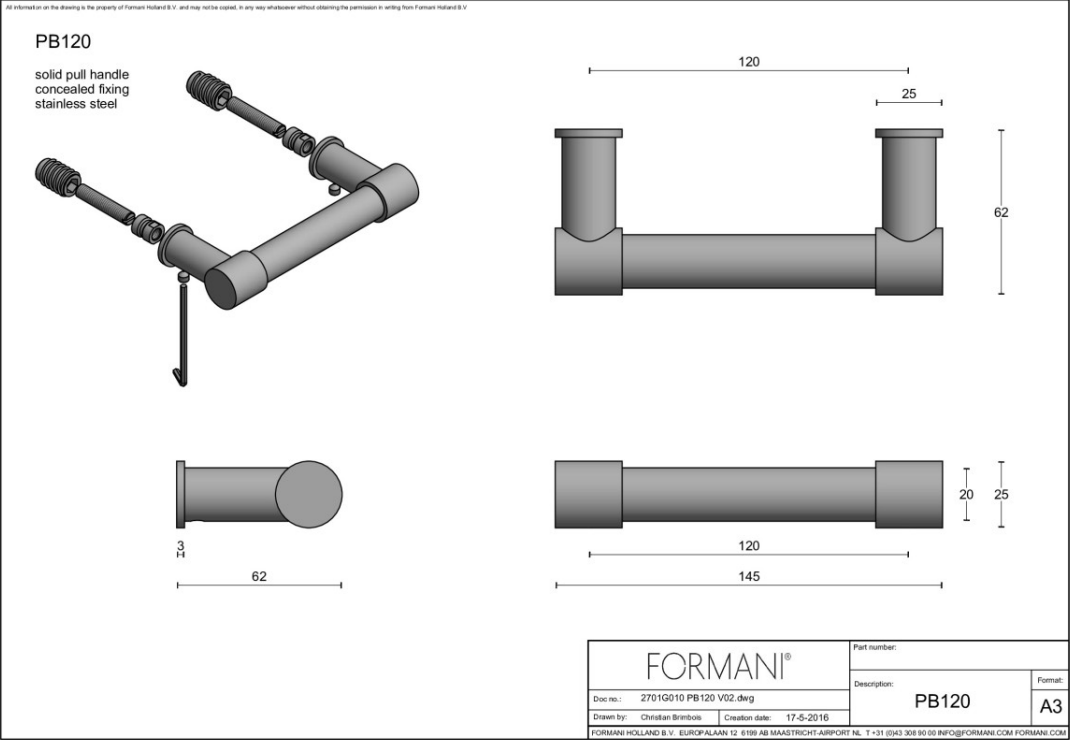 Formani PB120 massieve raamgreep wit, detail
