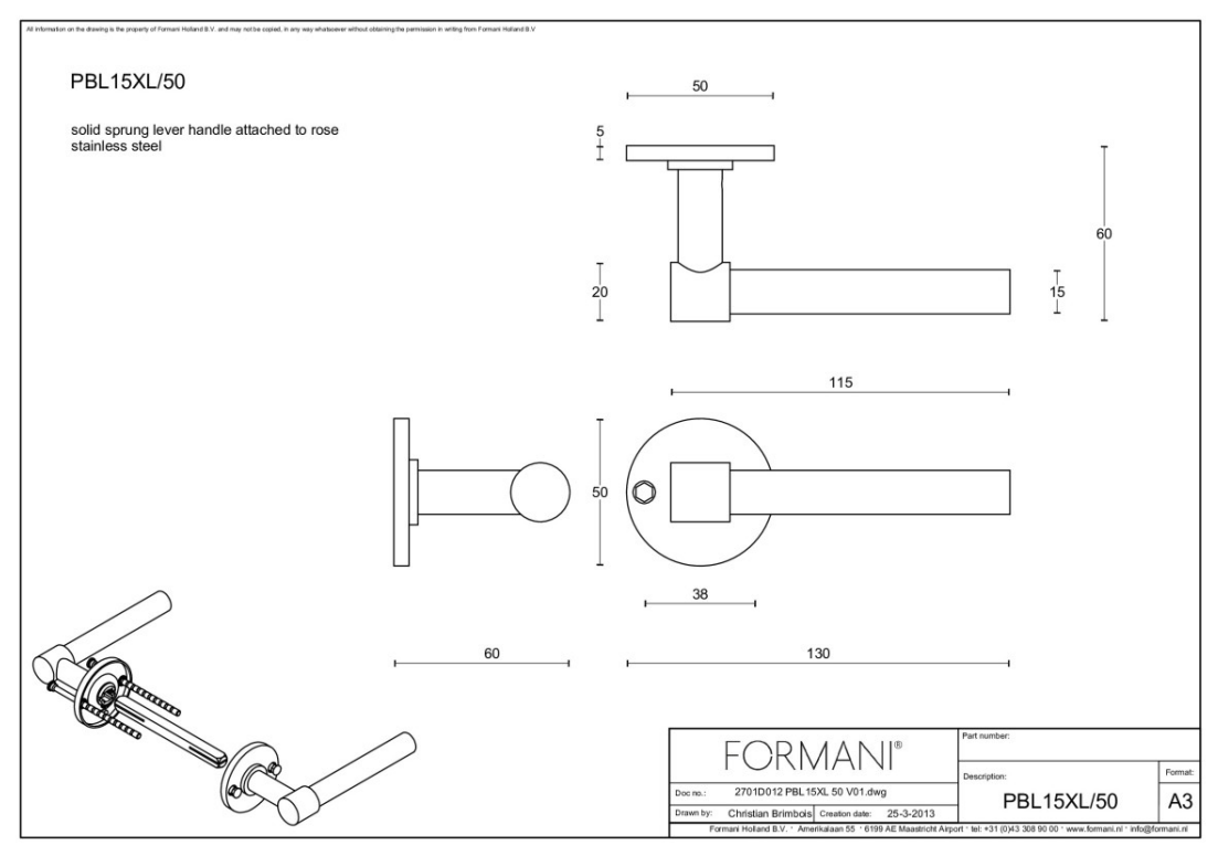 Formani deurkruk Piet Boon PBL15XL/50 mat roestvast staal detail