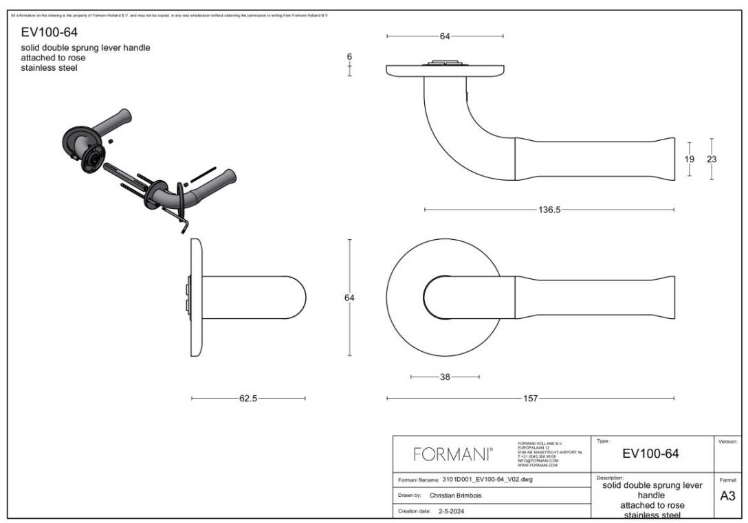 Formani Edward van Vliet EV100/64 deurkruk PVD mat goud/mat zwart – detail