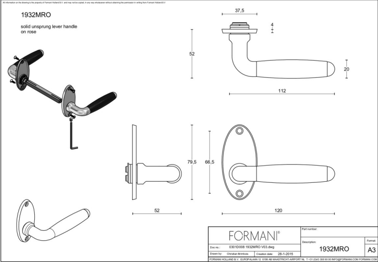 Formani 1932MRO deurkruk messing ongelakt (detail)