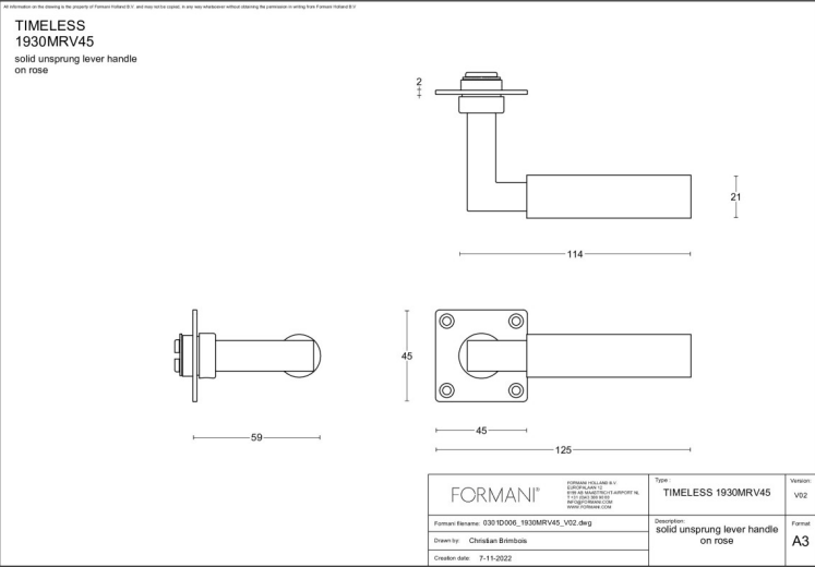 Formani 1930MRV45 deurkruk messing ongelakt op rond rozet – detail