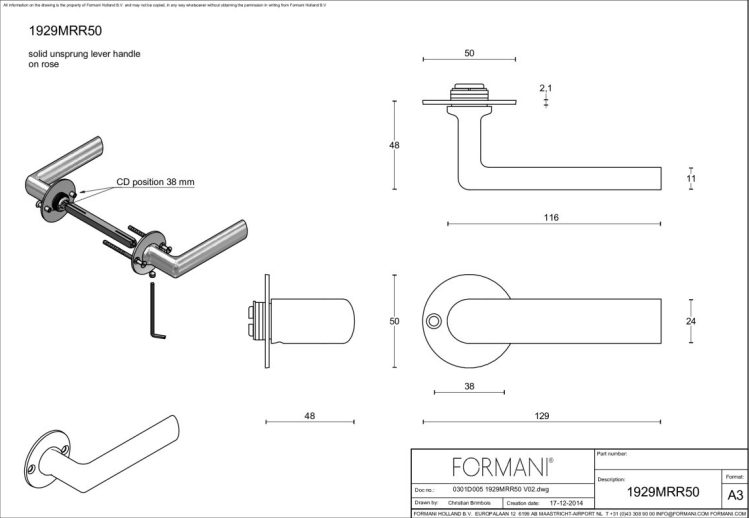 Formani 1929MRR50 deurkruk messing ongelakt op rond rozet – detail