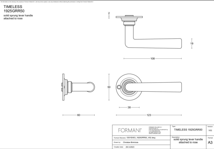 Formani 1925MRR50 deurkruk messing ongelakt op rond rozet – detail