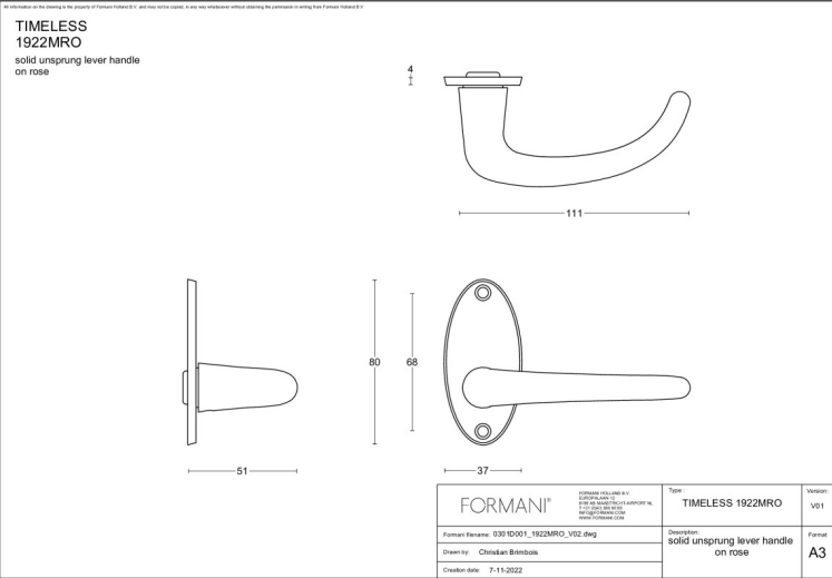 Formani 1922MRO deurkruk messing ongelakt - detailfoto