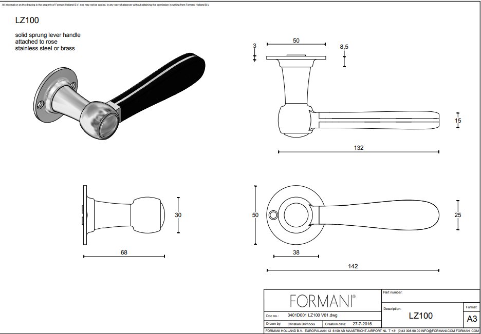 Formani LZ100-G deurkruk messing ongelakt/mat zwart detail