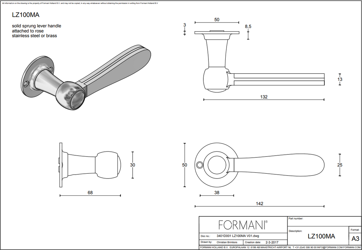 Formani LZ100MA-G deurkruk mat RVS/Carrara marmer detail