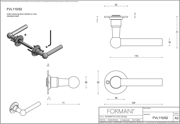 Formani FVL110/52 deurkruk mat roestvast staal - detailfoto
