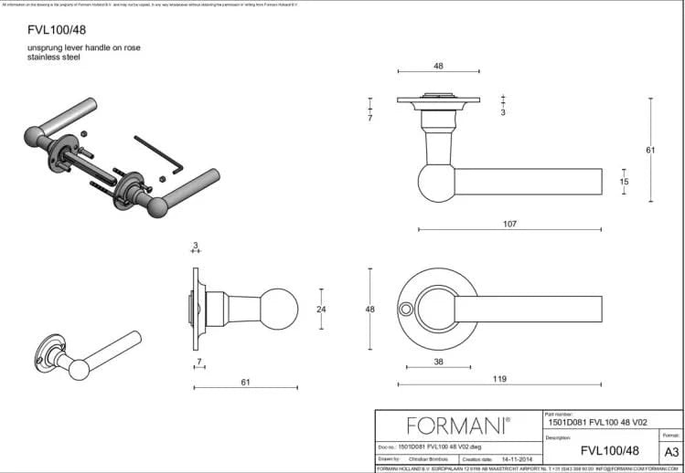 Formani FVL100/48 deurkruk mat roestvast staal – detail