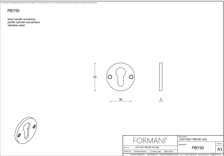 Formani cilinderrozet PBY50 PVD mat goud – detail