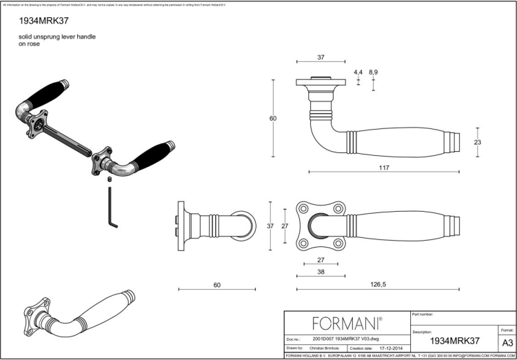 Formani 1934MRK37 deurkruk Messing Ongelakt – detail