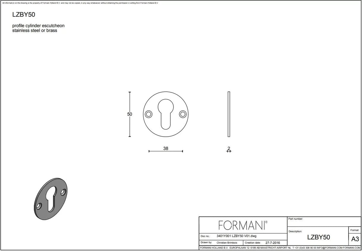 Formani cilinderrozet LZBY50 messing ongelakt – detail