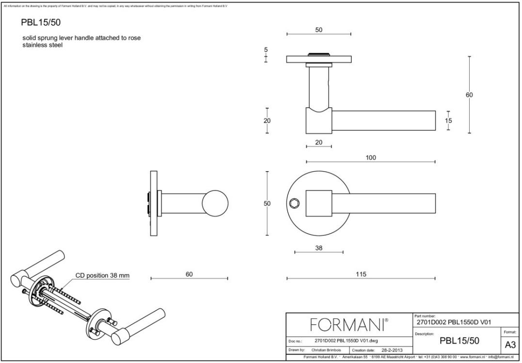 Formani PBL15/50 deurkruk PVD licht brons – detail