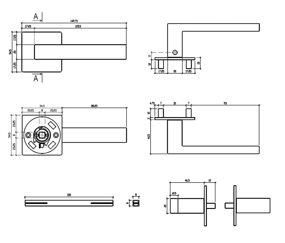 STERK deurkruk Kvadrat 1760 technische maattekening met afmetingen