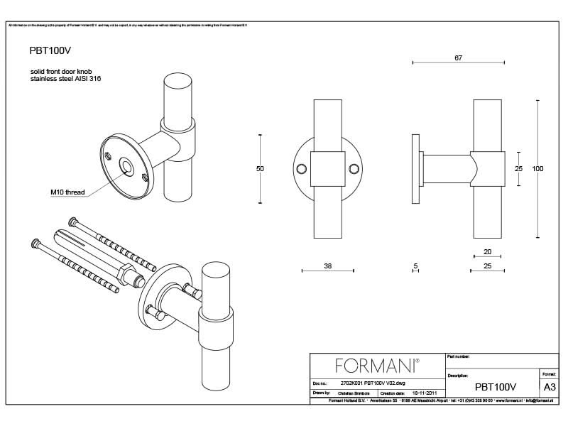 Formani voordeurknop PBT100V op rozet mat RVS detail