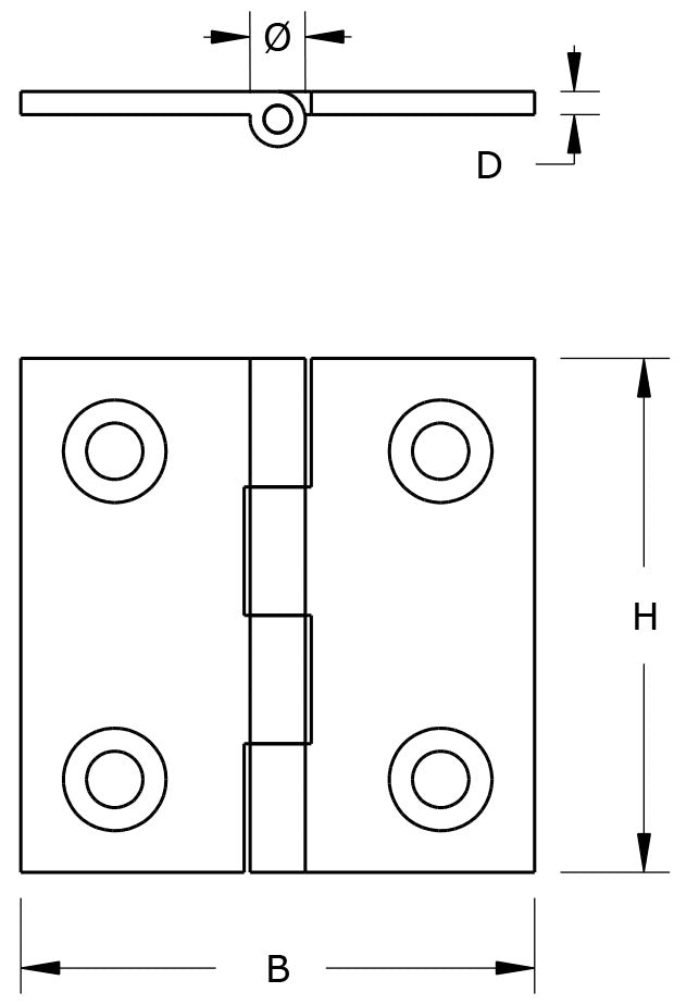 Dulimex smalscharnier massief messing 35x35 mm - technische tekening met maatvoering
