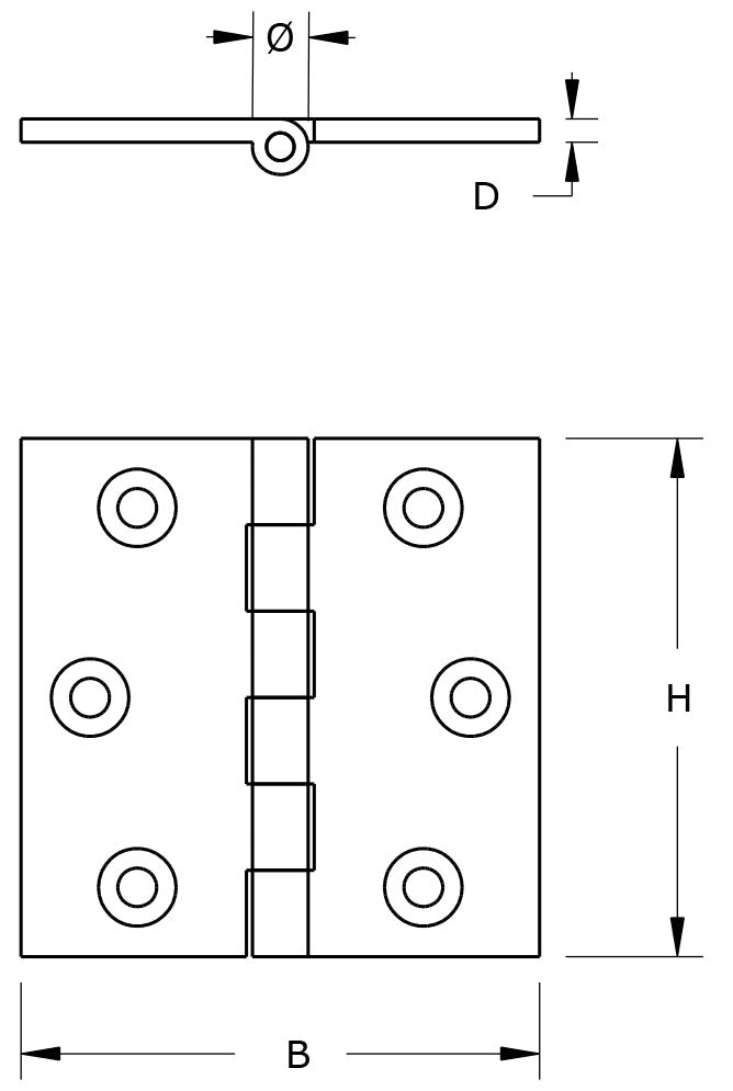 Dulimex smalscharnier massief messing 50x50 mm - technische tekening met maatvoering