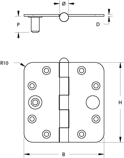 Dulimex scharnier 76x76 mm verzinkt ronde hoeken - technische tekening met maatvoering