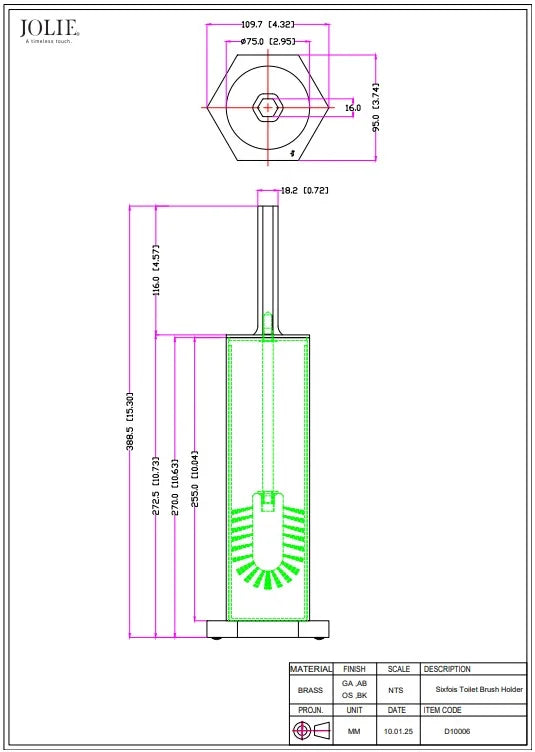 Jolie Six Fois toiletborstel oud zilver technische tekening met maatvoering