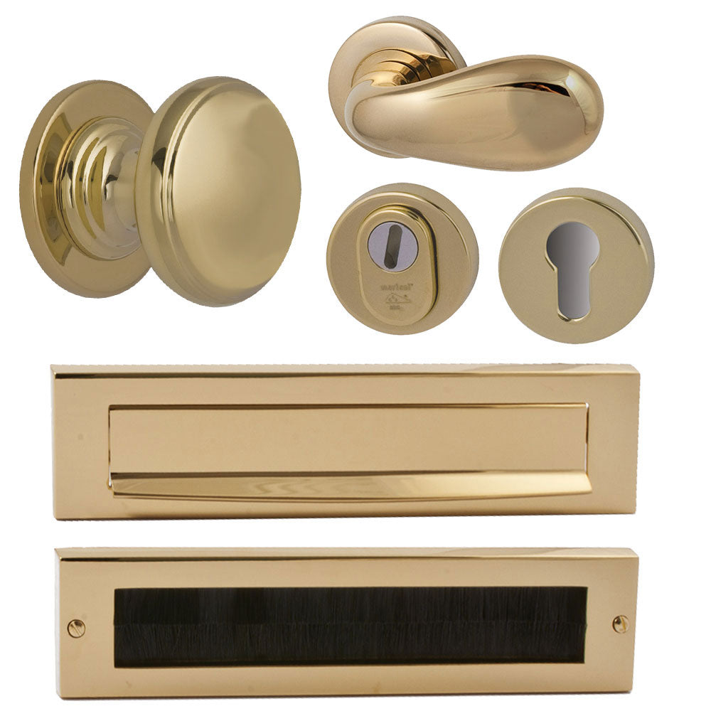 Hardbrass voordeurset Pragma/Olympia PVD Messing vooraanzicht