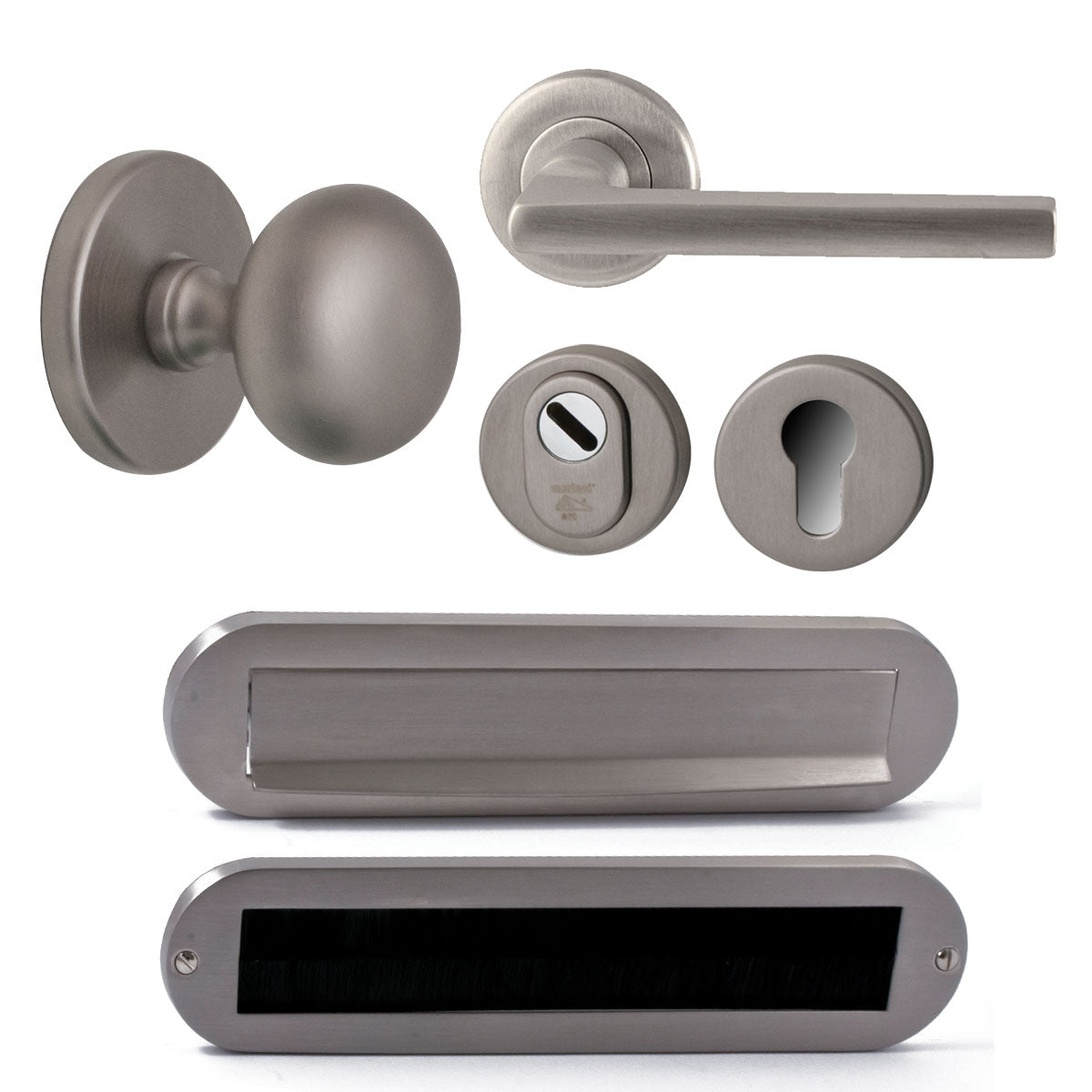 Hardbrass voordeurset Iris/Sara compleet PVD Inox vooraanzicht