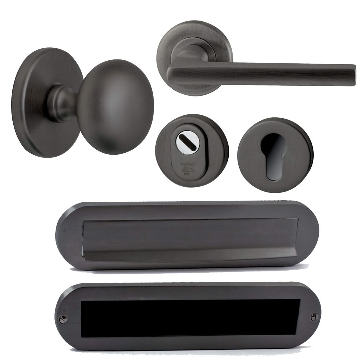 Hardbrass voordeurset Iris/Sara PVD gun metal vooraanzicht