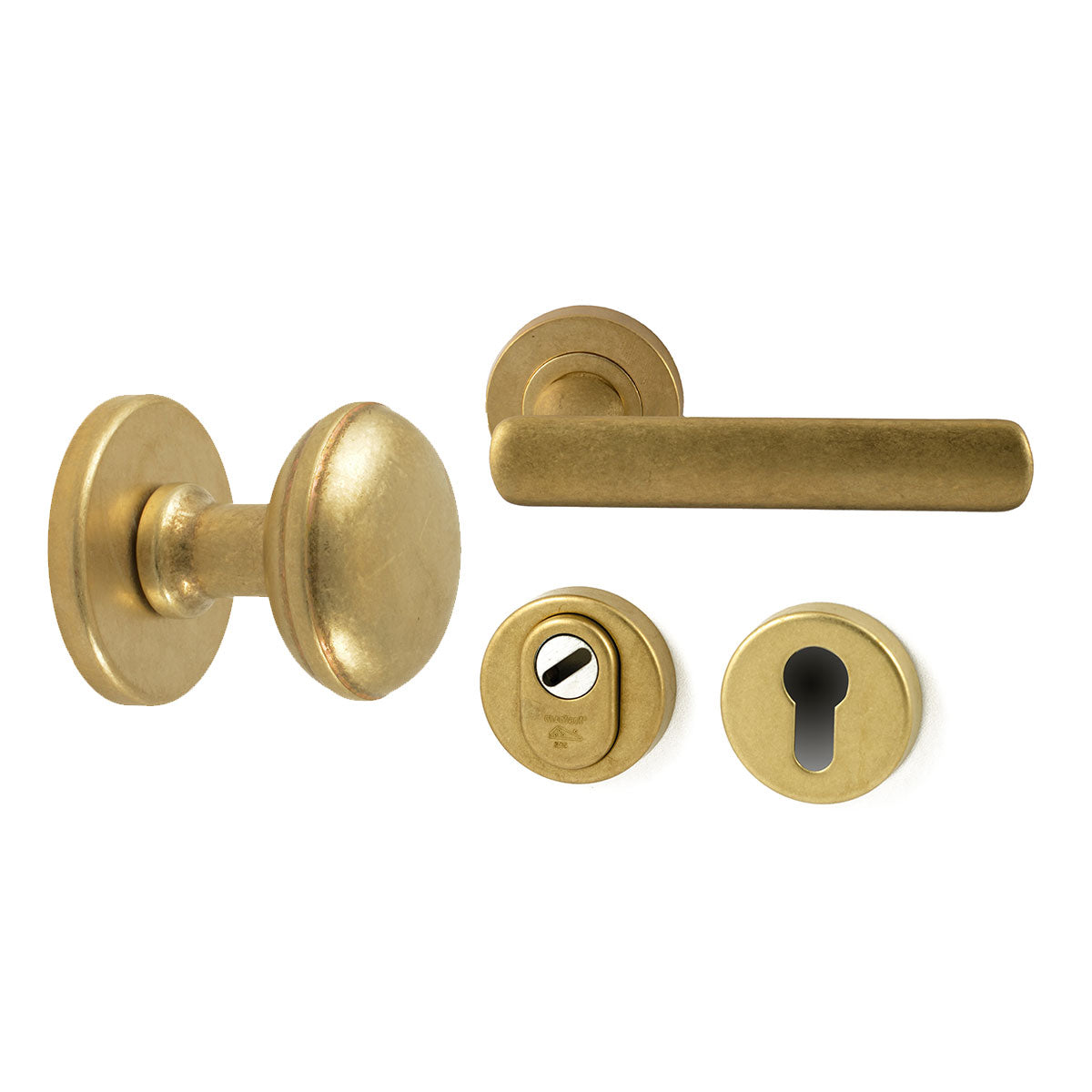 Hardbrass voordeurset Saturnus/Shadow messing getrommeld vooraanzicht