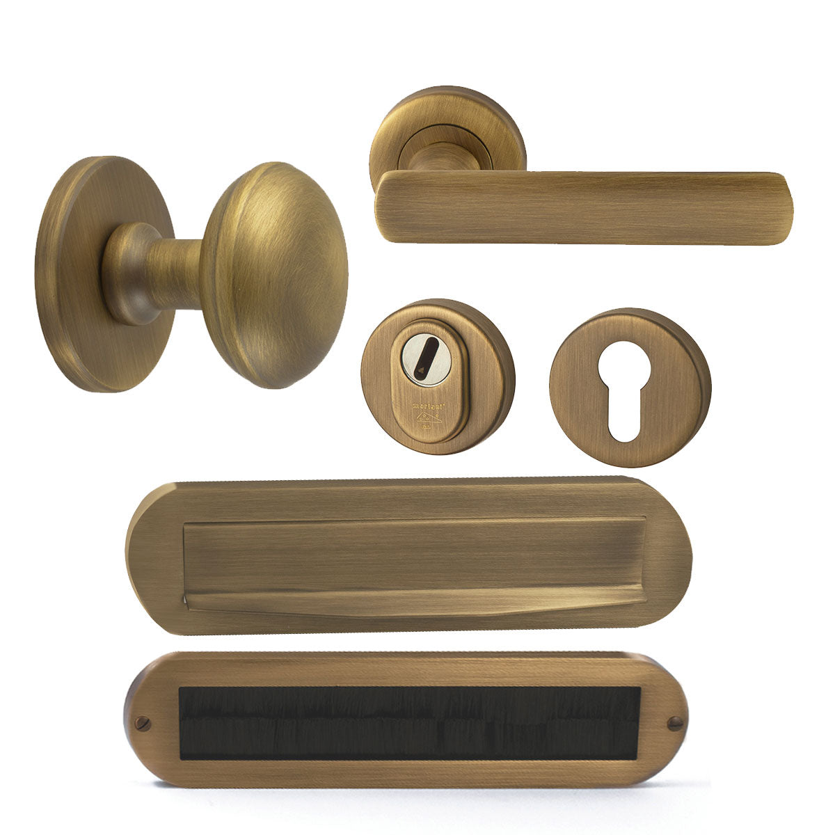 Hardbrass voordeurset Saturnus/Shadow compleet mat brons vooraanzicht