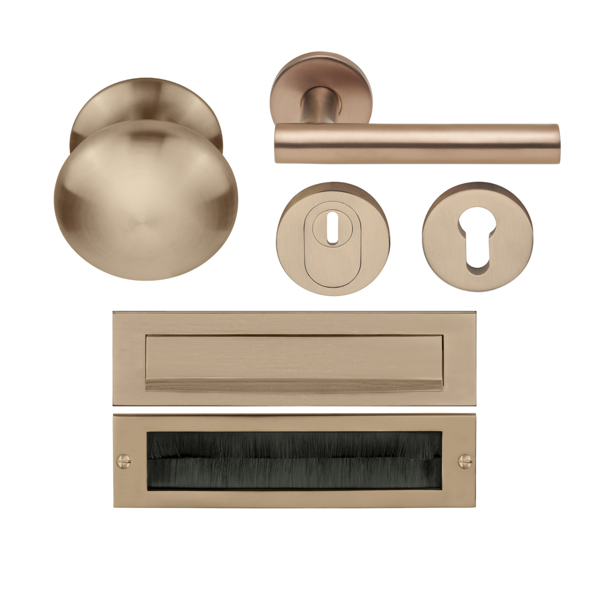Formani Complete Voordeurset knop/kruk Licht Brons PVD LB18H SKG3 – vooraanzicht
