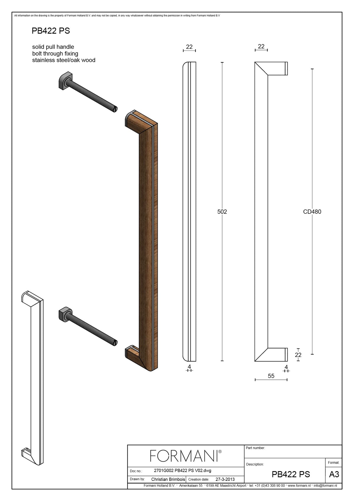 Formani PB422 PS voordeurgreep mat roestvast staal detail