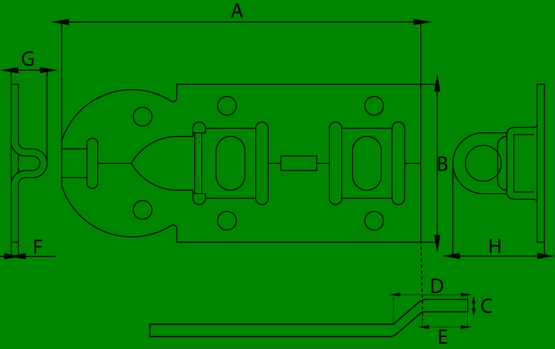 DX hangslotrolschuif met bocht – maattekening met afmetingen