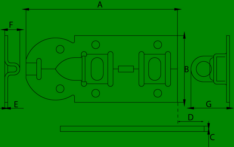 DX hangslotrolschuif vlak – maattekening met afmetingen