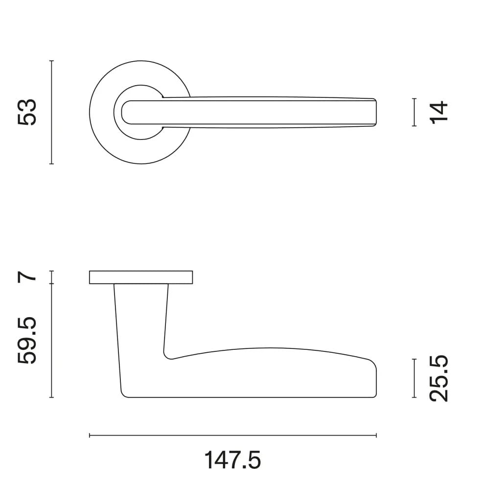 Aprile Luna massieve deurkruk technische maattekening met rozet Ø 53 mm en doornmaat 8x8 mm